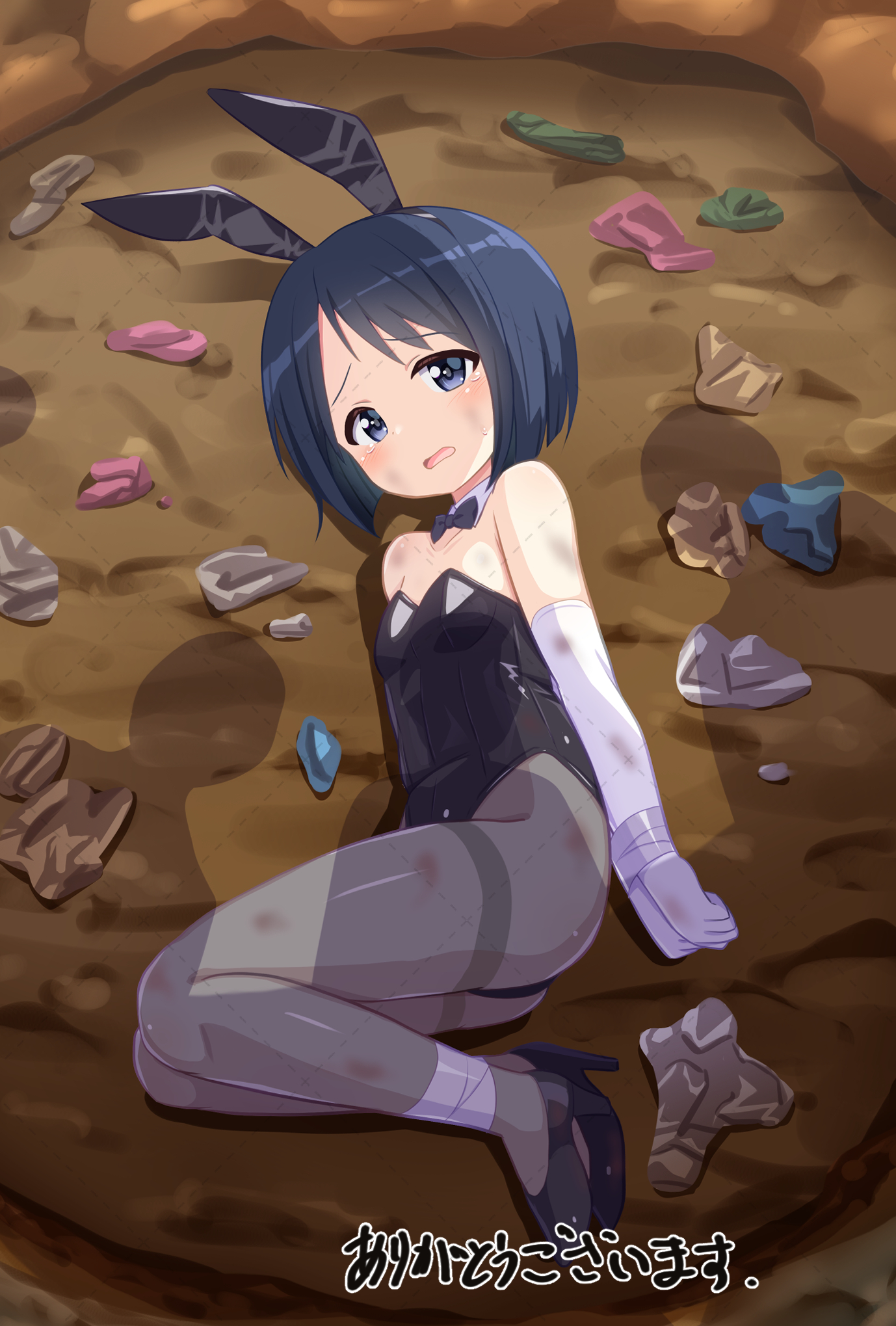 mogura2009, maehara shinobu, love hina, commentary request, commission, highres, skeb commission, 1girl, animal ears, breasts, gloves, leotard, lying, pantyhose, playboy bunny, rabbit ears, short hair, small breasts
