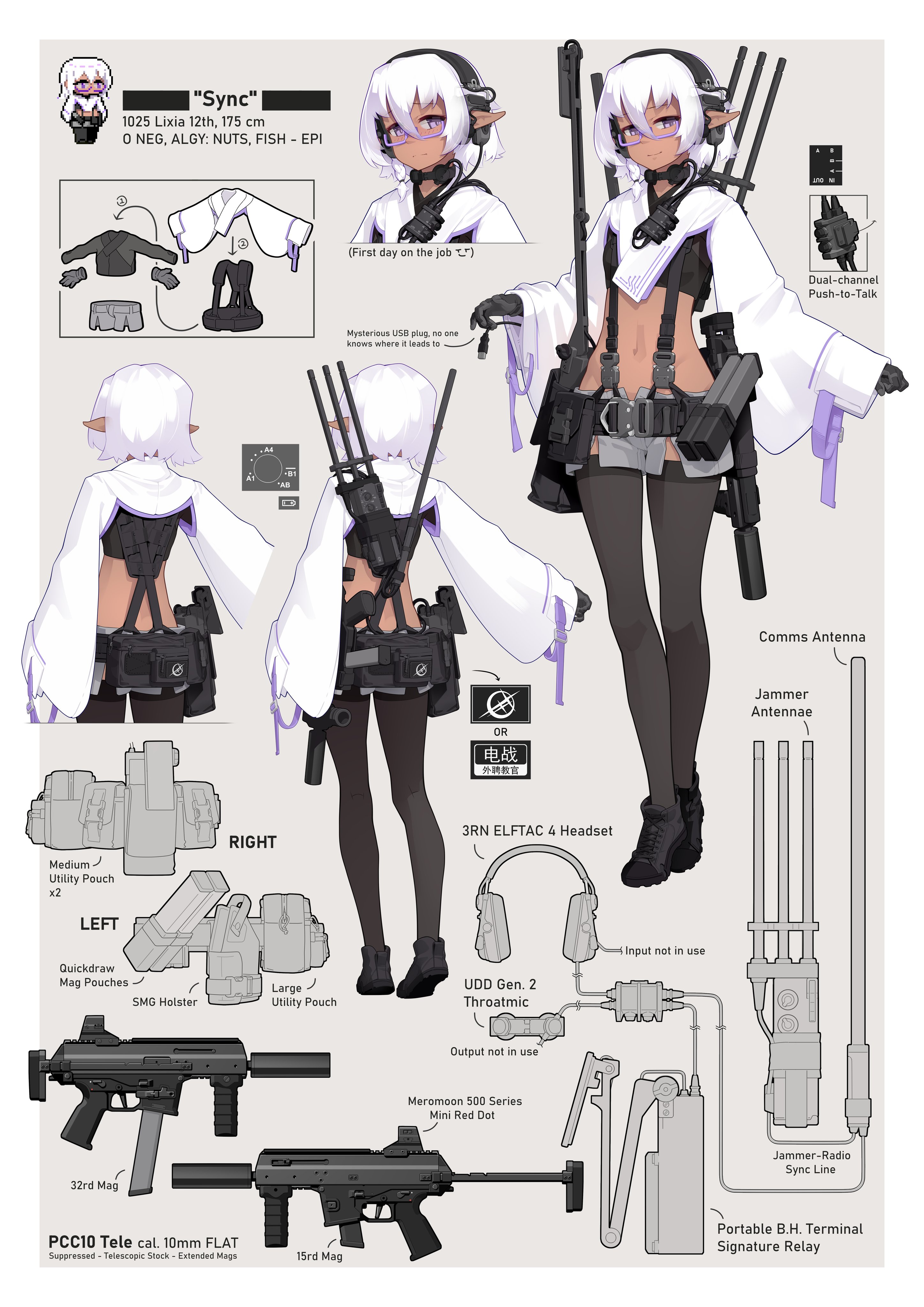 vectorek, original, absurdres, highres, 1girl, belt pouch, black thighhighs, dark-skinned female, dark skin, english text, eotech, glasses, gun, headphones, magazine (weapon), navel, pointy ears, pouch, radio antenna, shoes, sneakers, solo, submachine gun, suppressor, thighhighs, vertical foregrip, weapon, white hair