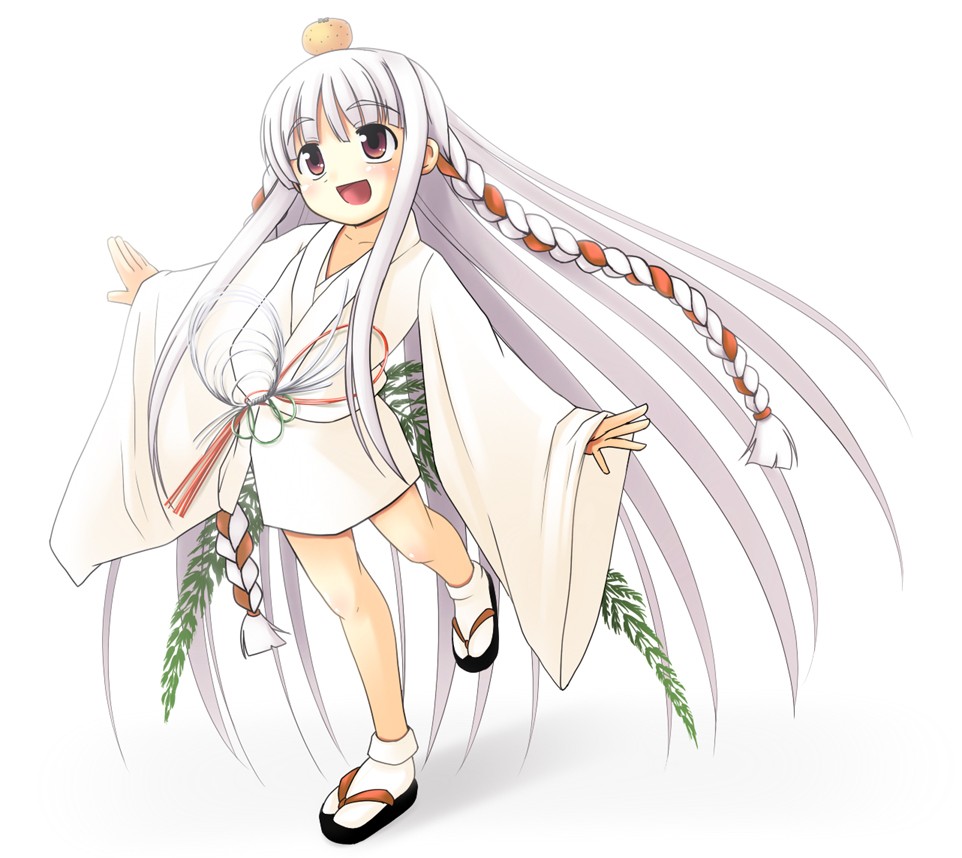 akayoshi hajime, braid, child, japanese clothes, long hair, open mouth, solo, white hair