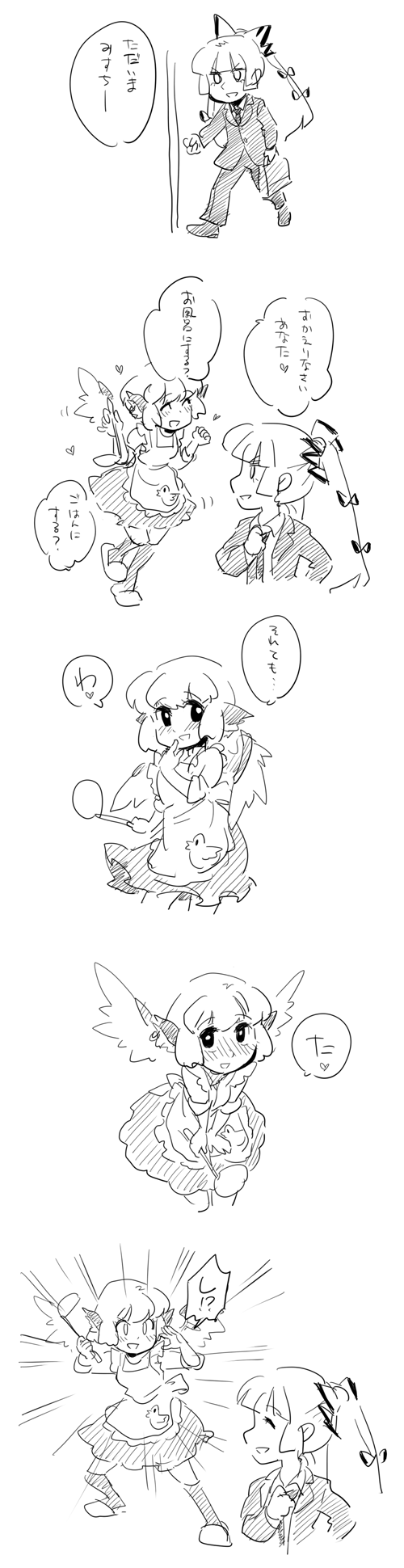 mitsumoto jouji, fujiwara no mokou, mystia lorelei, touhou, highres, long image, tall image, translated, 2girls, animal ears, apron, business suit, comic, female focus, fighting stance, formal clothes, greyscale, hair ribbon, ladle, long hair, monochrome, multiple girls, ribbon, shinkon santaku, short hair, slippers, suit, white background, wings