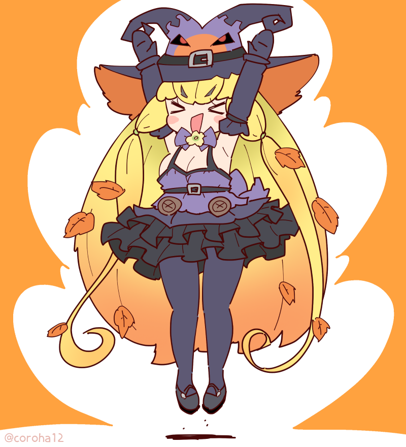 coroha, jack-o'-lantern (kemono friends), kemono friends, kemono friends 3, 1girl, armpits, arms up, blonde hair, bow, bowtie, closed eyes, dress, elbow gloves, full body, gloves, halloween, halloween costume, hat, jumping, leaf, long hair, maple leaf, orange background, pantyhose, purple dress, shoes, simple background, skirt, solo, witch hat