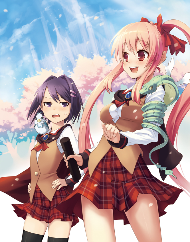 oryo (oryo04), original, bad id, bad pixiv id, 2girls, animal, animal on shoulder, bird, bird on shoulder, bow, cape, castle, cherry blossoms, day, hair bow, hair ornament, hairclip, laughing, long hair, miniskirt, multiple girls, pink hair, plaid clothes, plaid skirt, pleated skirt, purple hair, red eyes, school uniform, serafuku, short hair, sidelocks, skirt, sky, smile, snake, sweat, thighhighs, twintails, very long hair, vest, wings, zettai ryouiki