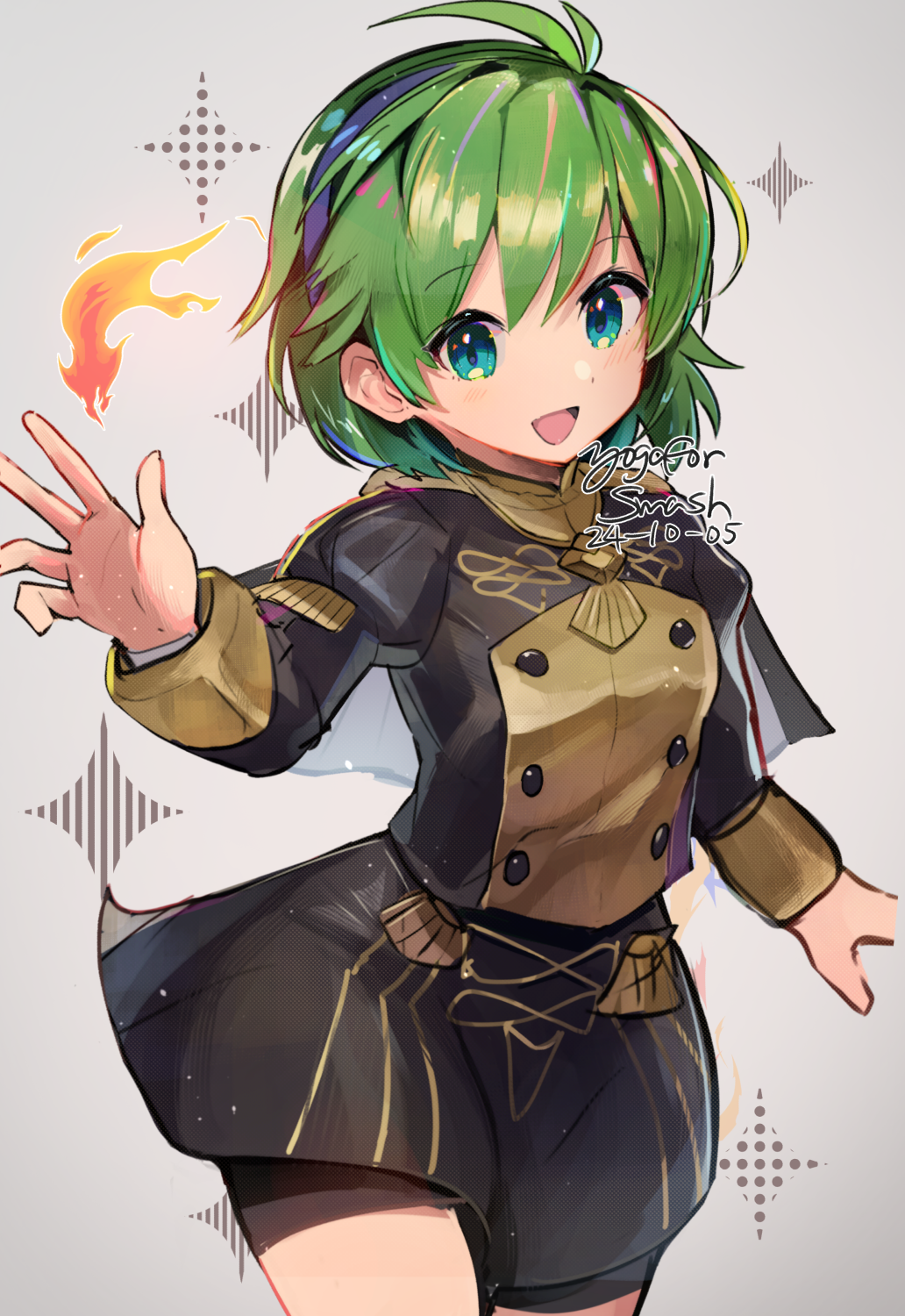 hirotaka (hrtk990203), nino (fire emblem), fire emblem, fire emblem: the blazing blade, fire emblem: three houses, nintendo, highres, 1girl, :d, alternate costume, black shorts, black skirt, buttons, dated, garreg mach monastery uniform, green eyes, green hair, hairband, holding flame, looking at viewer, medium hair, open mouth, purple hairband, shorts, shorts under skirt, signature, simple background, skirt, smile, solo, sparkle, standing