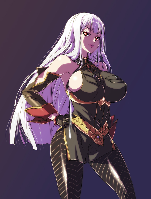 nekomamire, selvaria bles, senjou no valkyria, senjou no valkyria (series), senjou no valkyria 1, 00s, 1girl, breasts, cleavage, detached sleeves, female focus, gloves, large breasts, lips, long hair, pantyhose, red eyes, sideboob, solo, white hair