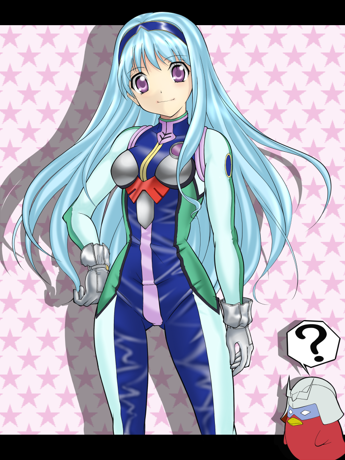 mikeneko (stray-sheep), san mou neko, char aznable, musica fareden, banpresto, gundam, real robot battle line, super robot wars, pilot suit, questionmark, 1girl, ?, aqua hair, bird, bodysuit, border, female focus, hairband, long hair, purple eyes, solo, star (symbol)