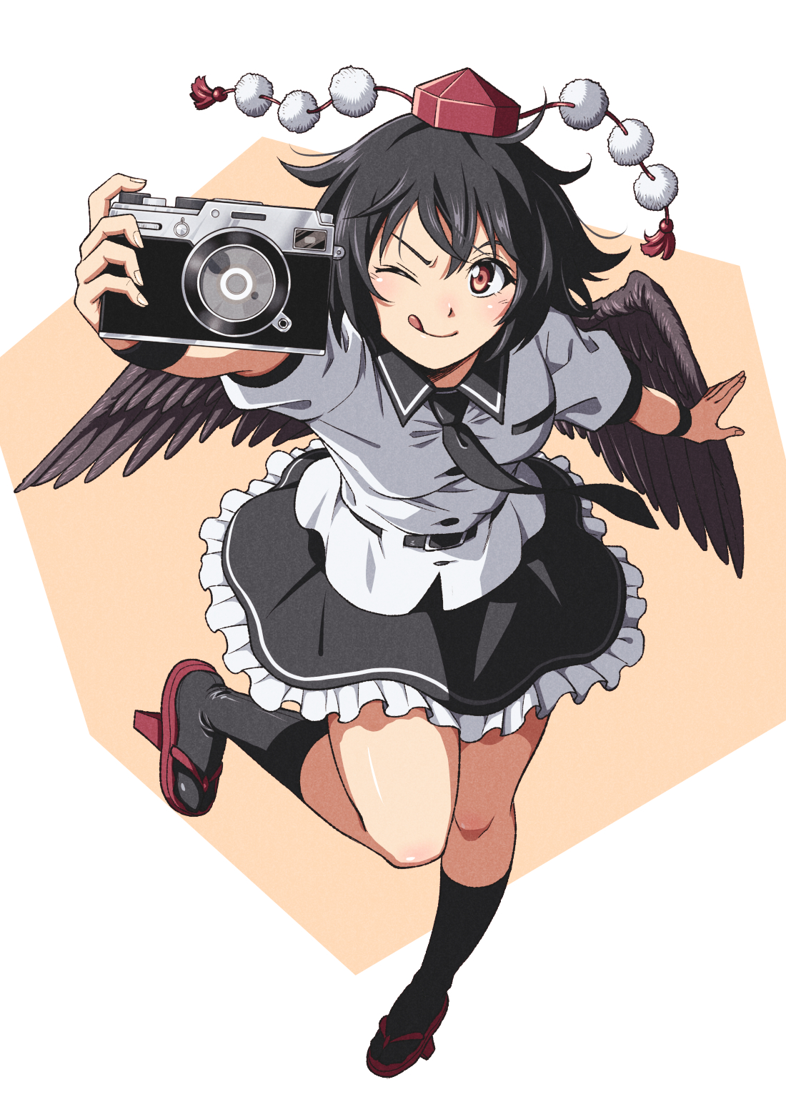 inuno rakugaki, shameimaru aya, touhou, highres, 1girl, black hair, black skirt, black socks, camera, collared shirt, frilled skirt, frills, hat, one eye closed, red shoes, shirt, shoes, short hair, short sleeves, skirt, smile, socks, solo, white shirt, wings