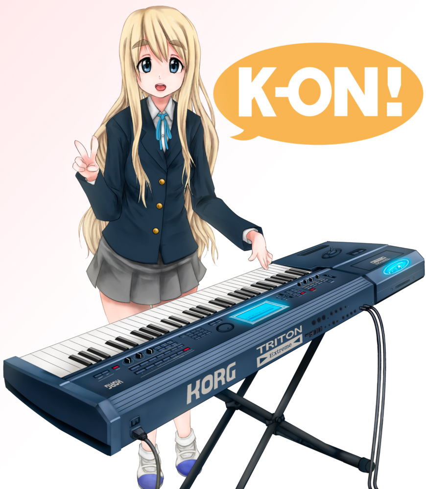 scharfschutze, kotobuki tsumugi, k-on!, korg, eyebrows, 00s, 1girl, blonde hair, blue eyes, bobby socks, female focus, instrument, keyboard, keyboard (instrument), long hair, school uniform, shoes, socks, solo, synthesizer, uwabaki, v, very long hair, white socks