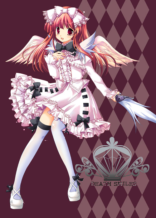 hinata momo, windia (deathsmiles), cave (developer), deathsmiles, bad id, bad pixiv id, 1girl, argyle background, argyle clothes, bow, bowtie, dress, female focus, frills, hair bow, legs, lolita fashion, red eyes, red hair, solo, sweet lolita, thighhighs, weapon, white thighhighs, wings
