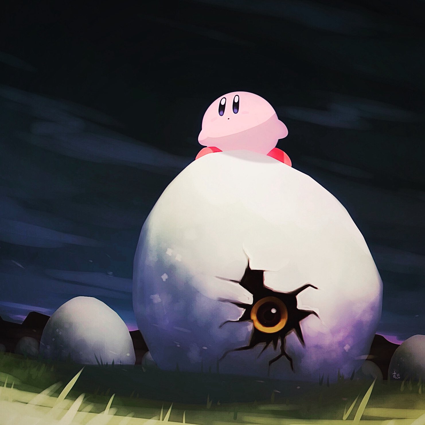 suyasuyabi, kirby, kirby (series), kirby air ride, nintendo, highres, black eyes, blue eyes, closed mouth, cloud, cloudy sky, colored sclera, cracked egg, dark cloud, dot mouth, egg, grass, huge egg, in-universe location, looking at viewer, no humans, outdoors, signature, sky, standing, yellow sclera