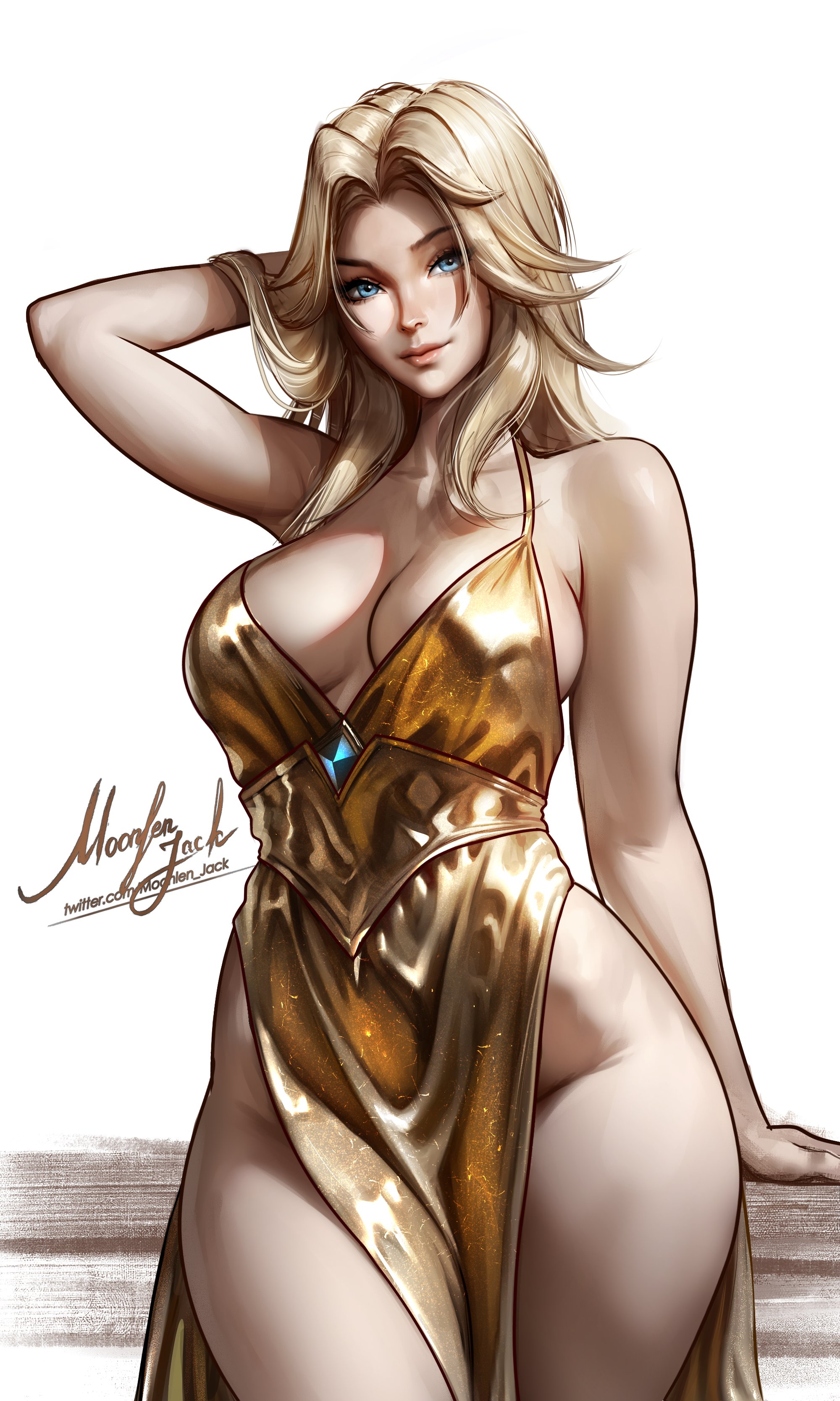 moonlen-jack, sue storm, fantastic four, marvel, marvel rivals, absurdres, commentary, english commentary, highres, 1girl, alternate costume, arm behind head, artist name, blonde hair, blue gemstone, breasts, cleavage, cowboy shot, dress, gem, gold dress, large breasts, long hair, parted hair, side slit, sideboob, solo, watermark, web address, white background