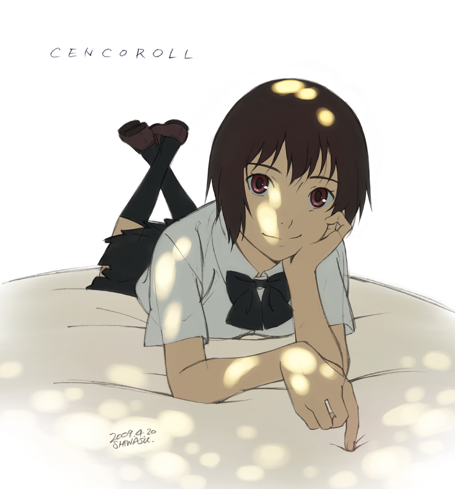 shiwasu takashi, yuki (cencoroll), cencoroll, 1girl, brown hair, dappled sunlight, female focus, foreshortening, lying, pleated skirt, purple eyes, ribbon, school uniform, shoes, short hair, skirt, smile, socks, solo, sunlight, tree shade
