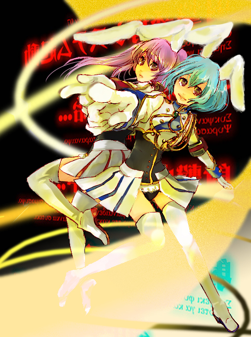 maroyan, chiester410, chiester45, chiester sisters, umineko no naku koro ni, uniform, bad id, bad pixiv id, 00s, 2girls, animal ears, armband, blue hair, gloves, jacket, long hair, miniskirt, multiple girls, pink hair, pleated skirt, rabbit ears, red eyes, short hair, showgirl skirt, skirt, smile, standing, thighhighs, twintails, white thighhighs