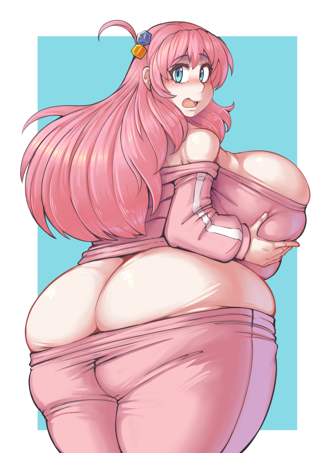 kittenboogers, gotoh hitori, bocchi the rock!, highres, 1girl, ass, blue eyes, blush, breasts, clothes pull, deep skin, eyebrows hidden by hair, fat, from behind, gigantic breasts, hair bobbles, hair ornament, hand on own chest, huge ass, long hair, looking at viewer, open mouth, pants, pants pull, pink hair, pink pants, pink track suit, plump, solo, surprised, track suit