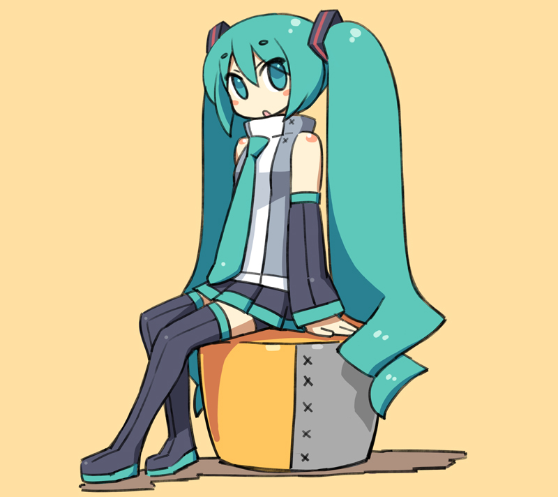 chan co, hatsune miku, vocaloid, :o, black boots, black thighhighs, blue eyes, blue hair, boots, detached sleeves, full body, hair ornament, kneeling, long hair, miniskirt, necktie, pleated skirt, sitting, skirt, solo, thighhighs, twintails, very long hair, zettai ryouiki