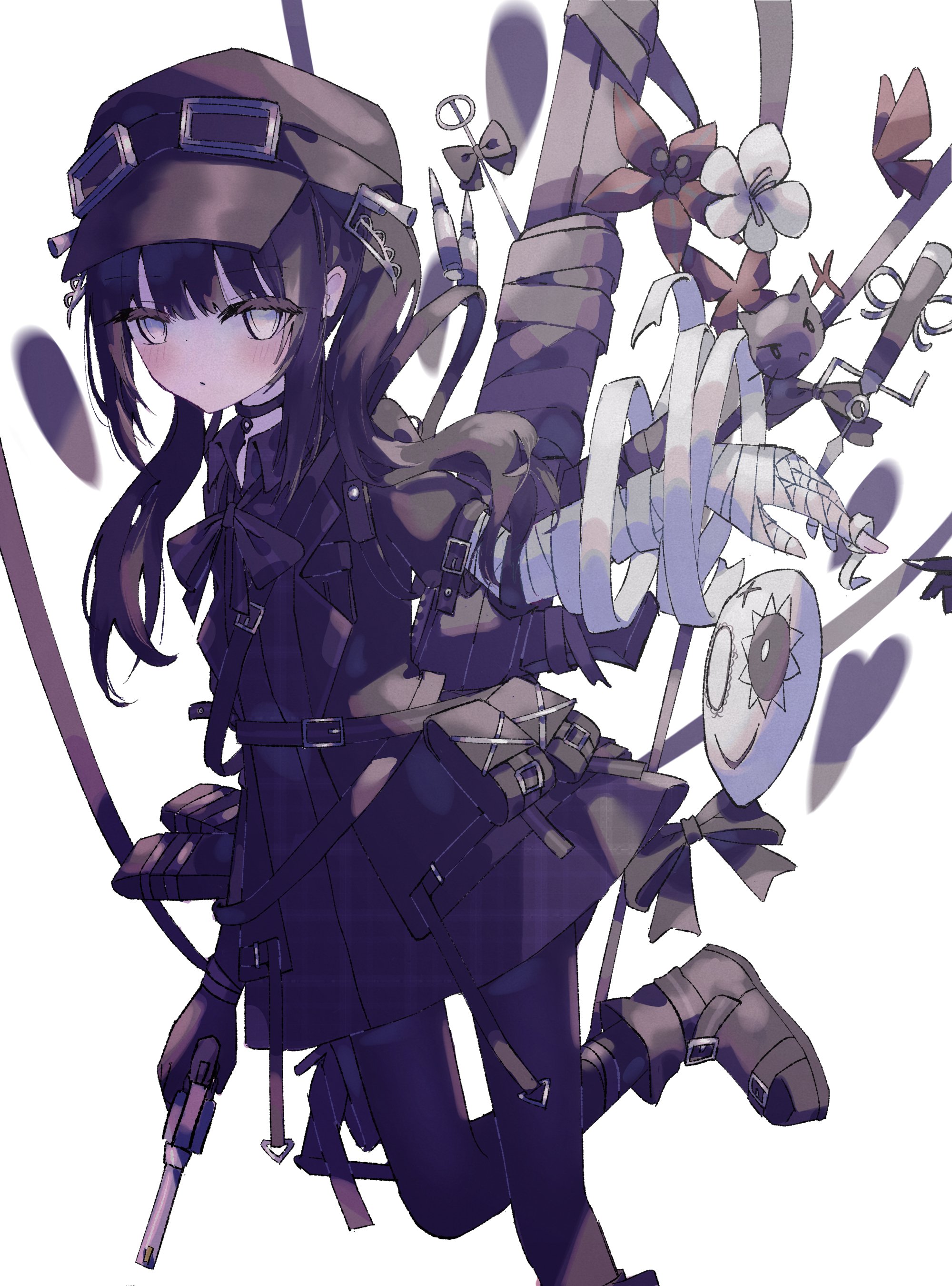 foopy, kurobe nanoka, mahou shoujo no majo saiban, absurdres, highres, 1girl, black boots, black choker, black hair, black hat, black jacket, black pantyhose, boots, choker, goggles, goggles on head, grey eyes, hat, jacket, looking at viewer, pantyhose, simple background, solo, white background