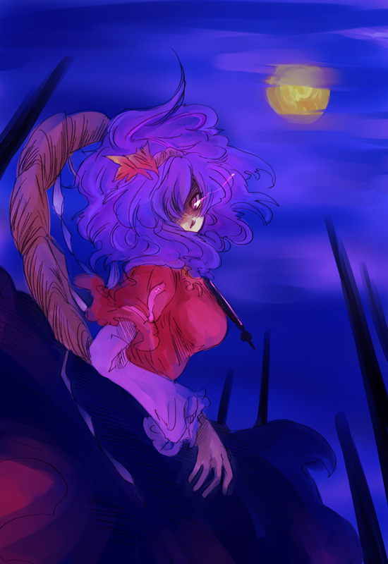 aku (dejigiga), yasaka kanako, touhou, bad id, bad pixiv id, 1girl, female focus, hair ornament, hairband, leaf hair ornament, moon, purple hair, red eyes, rope, short hair, solo