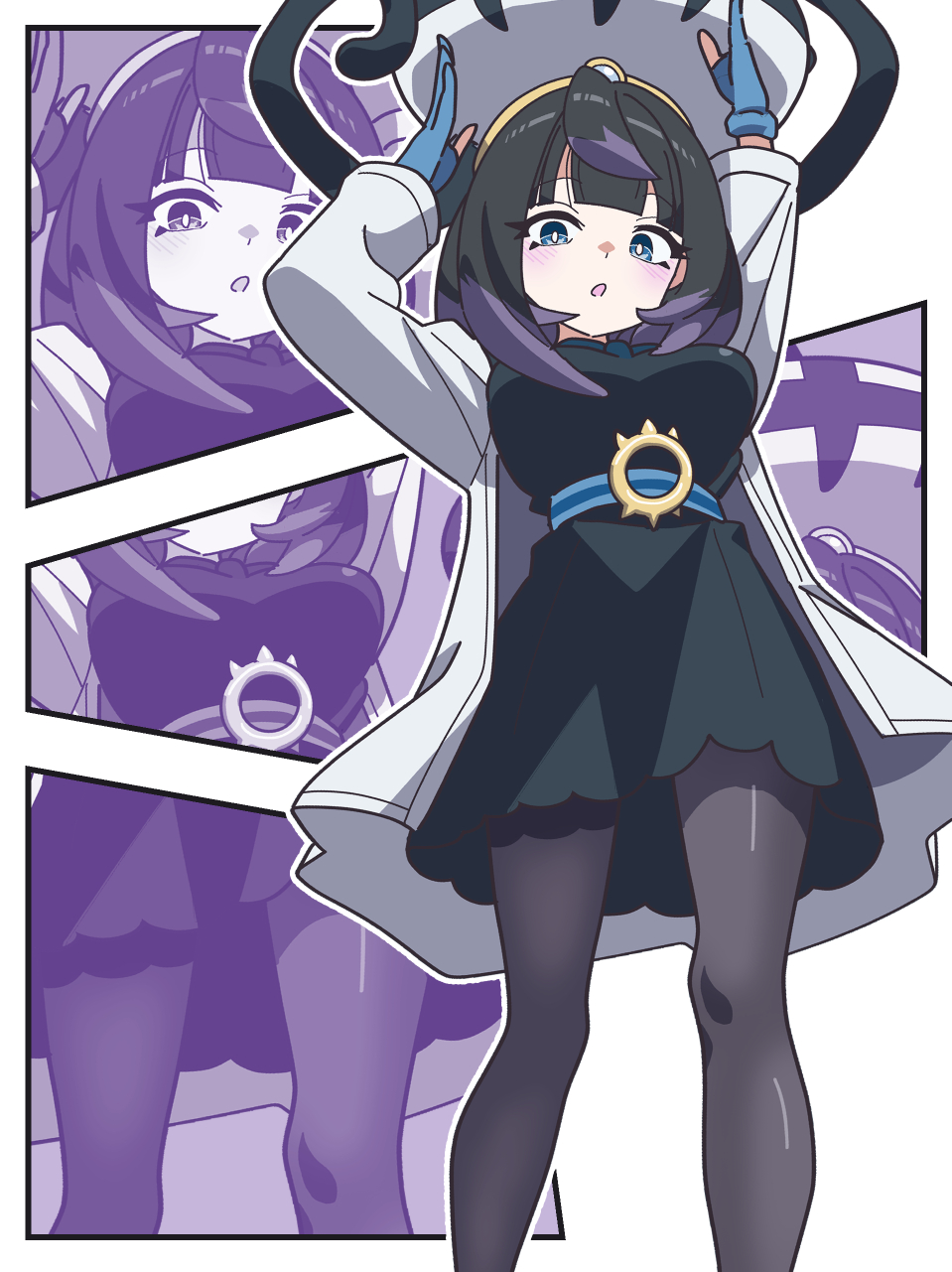 kanbei (pixiv11037490), gwynn (pokemon), nintendo, pokemon, pokemon legends: z-a, highres, 1girl, arms up, belt, black dress, blue gloves, bob cut, coat, dress, from below, gloves, hat, long sleeves, o-ring, o-ring belt, open clothes, open coat, partially fingerless gloves, purple eyes, purple hair, short hair, solo, white coat