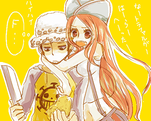 tora kaede, jewelry bonney, trafalgar law, one piece, supernova, lowres, translation request, 1boy, 1girl, hat, hetero, hug, knife, long hair, orange hair, pink hair, potato, raglan sleeves, sabaody archipelago, suspenders