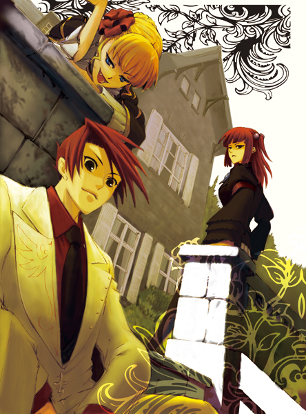 yamato (inraitei), yamato (pixiv), beatrice (umineko), ushiromiya ange, ushiromiya battler, umineko no naku koro ni, 00s, 1boy, 2girls, armband, blonde hair, blue eyes, brother and sister, hair bobbles, hair ornament, jacket, long hair, multiple girls, necktie, red hair, short hair, siblings, smile