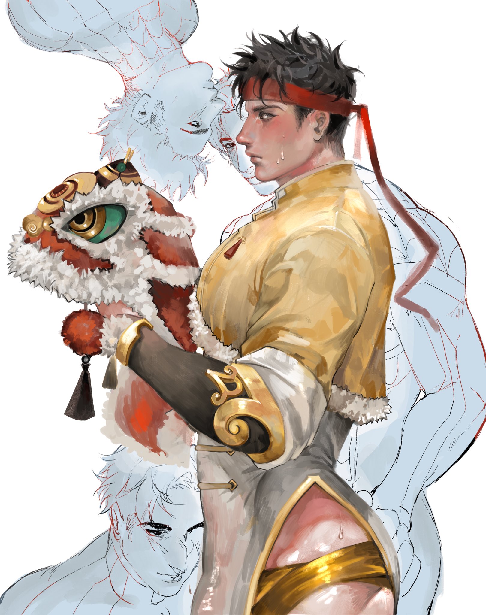 pearlyx z, iron fist (lion's gaze) (marvel), iron fist (marvel), peter parker, spider-man, marvel, marvel rivals, spider-man (series), hashtag-only commentary, highres, 2boys, black hair, blush, chinese clothes, couple, headband, holding, holding mask, jacket, lin lie (marvel), male focus, mask, multiple boys, multiple views, official alternate costume, red headband, short hair, side slit, superhero costume, sweatdrop, white background, yaoi, yellow jacket