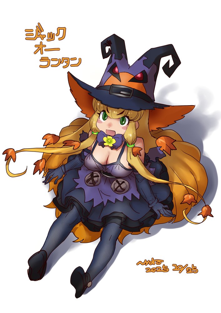 nyororiso (muyaa), jack-o'-lantern (kemono friends), kemono friends, kemono friends 3, 1girl, blonde hair, bow, bowtie, breasts, cleavage, dress, elbow gloves, full body, gloves, green eyes, halloween, halloween costume, hat, large breasts, leaf, long hair, looking at viewer, maple leaf, pantyhose, purple dress, shoes, simple background, skirt, solo, witch hat