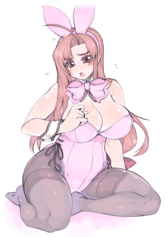 mel/a, ripre, original, 1girl, animal ears, ass, breasts, cleavage, curvy, fake animal ears, feet, female focus, hip focus, huge breasts, pantyhose, playboy bunny, plump, rabbit ears, rabbit tail, red eyes, red hair, sitting, solo, tail, thick thighs, thighband pantyhose, thighs, wide hips