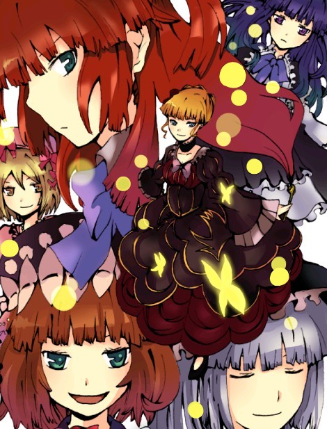 pui, beatrice (umineko), eva beatrice, frederica bernkastel, lambdadelta, ushiromiya ange, virgilia (umineko), umineko no naku koro ni, bad id, bad pixiv id, 00s, 6+girls, blonde hair, blue eyes, blue hair, choker, closed eyes, dress, hat, long hair, multiple girls, orange eyes, orange hair, purple eyes, red hair, ribbon, serious, short hair, smile
