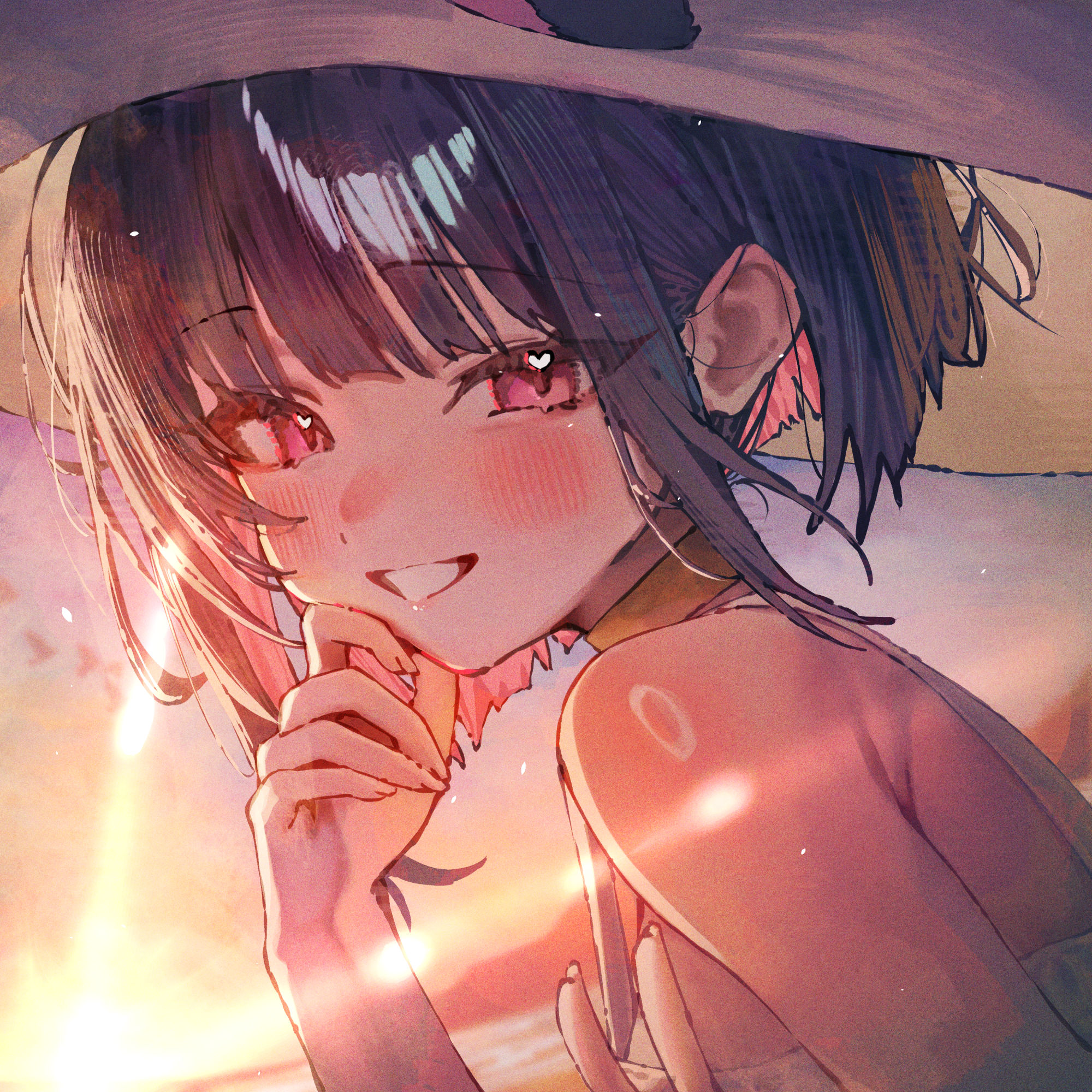betabeet, kazusa (blue archive), blue archive, commentary, highres, 1girl, alternate costume, animal ears, bare shoulders, black hair, blush, cat ears, cat girl, extra ears, hat, looking at viewer, pink eyes, pink hair, short hair, smile, solo, sun hat, sunlight, sunset, white hat