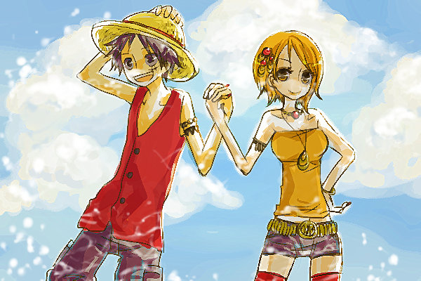 tora kaede, monkey d. luffy, nami (one piece), one piece, 1boy, 1girl, armband, black hair, bracelet, cloud, friends, hand on headwear, happy, hat, hetero, holding hands, jewelry, necklace, orange hair, scar, shorts, sky, smile, standing, straw hat, thighhighs, vest