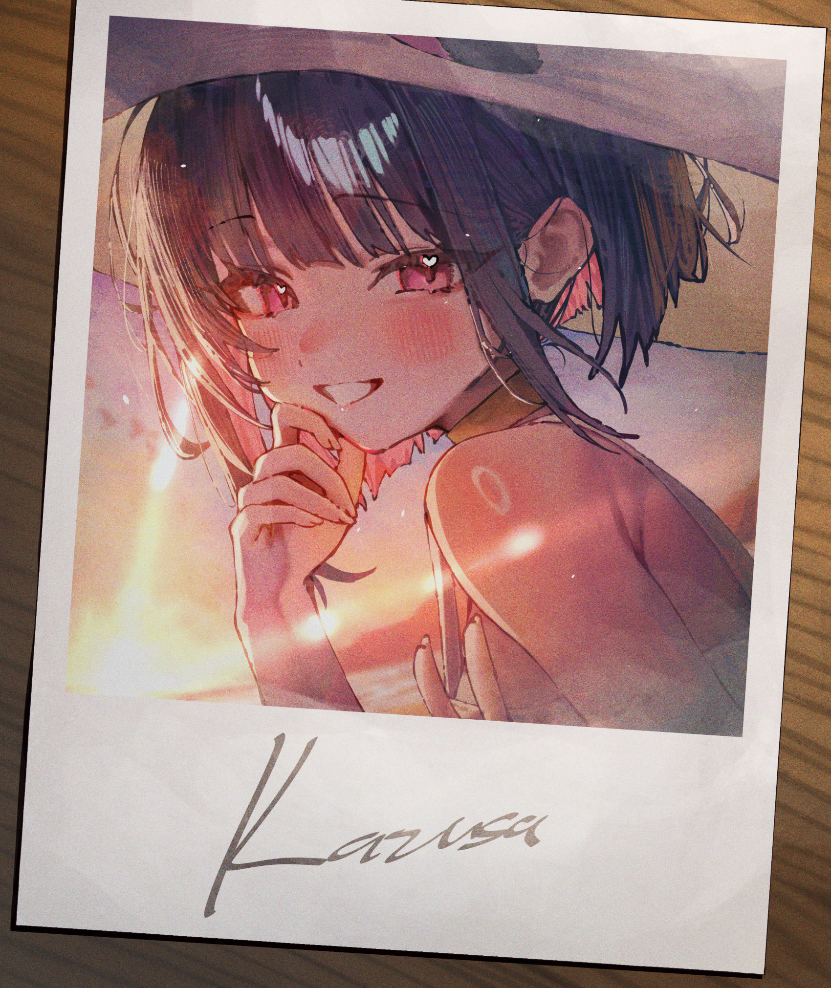 betabeet, kazusa (blue archive), blue archive, commentary, highres, 1girl, alternate costume, animal ears, bare shoulders, black hair, blush, cat ears, cat girl, character name, extra ears, hat, looking at viewer, photo (object), pink eyes, pink hair, polaroid photo, short hair, smile, solo, sun hat, sunlight, sunset, white hat
