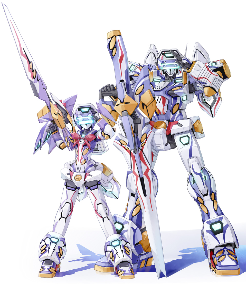 tomo (machinemess), temjin, virtual on, brother and sister, mecha, no humans, robot, salute, siblings