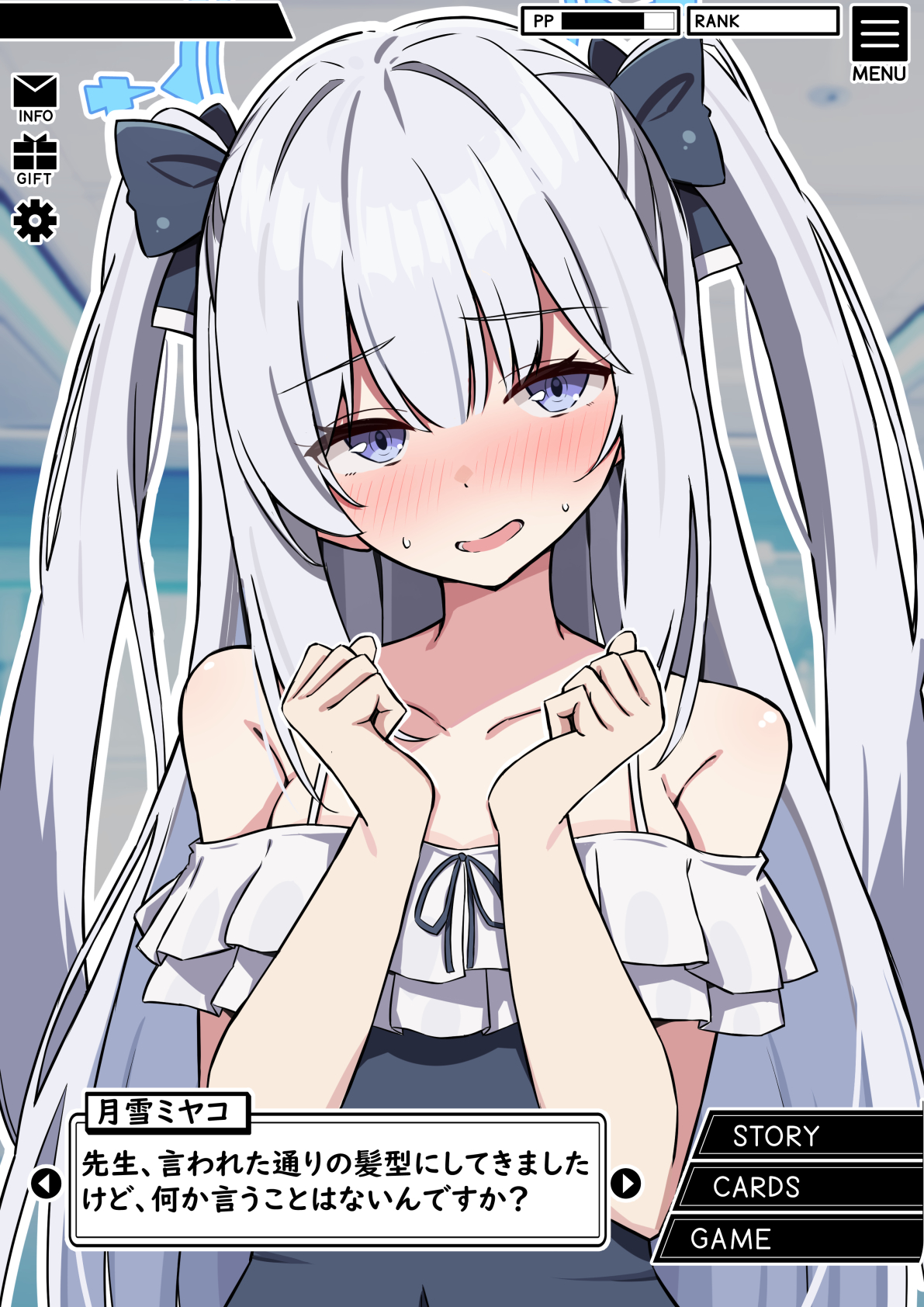 amenocchi, miyako (blue archive), miyako (swimsuit) (blue archive), blue archive, commentary request, highres, translation request, 1girl, alternate hairstyle, blue bow, blue eyes, blue halo, blue one-piece swimsuit, blush, bow, collarbone, hair bow, halo, long hair, looking at viewer, official alternate costume, one-piece swimsuit, open mouth, solo, swimsuit, two side up