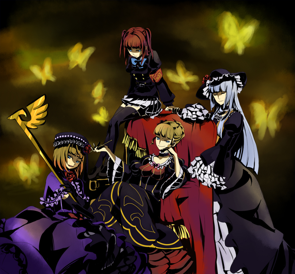 nanamura, beatrice (umineko), eva beatrice, ushiromiya ange, virgilia (umineko), umineko no naku koro ni, silver hair, bad id, bad pixiv id, 00s, 4girls, aqua eyes, armband, blonde hair, blue eyes, bug, butterfly, choker, closed eyes, dress, elbow gloves, flower, frills, gloves, hair bobbles, hair ornament, hat, hime cut, insect, jacket, kiseru, long hair, miniskirt, multiple girls, orange hair, pleated skirt, red hair, ribbon, rose, sash, short hair, sitting, skirt, smile, smoking pipe, staff, thighhighs, too many, twintails, zettai ryouiki