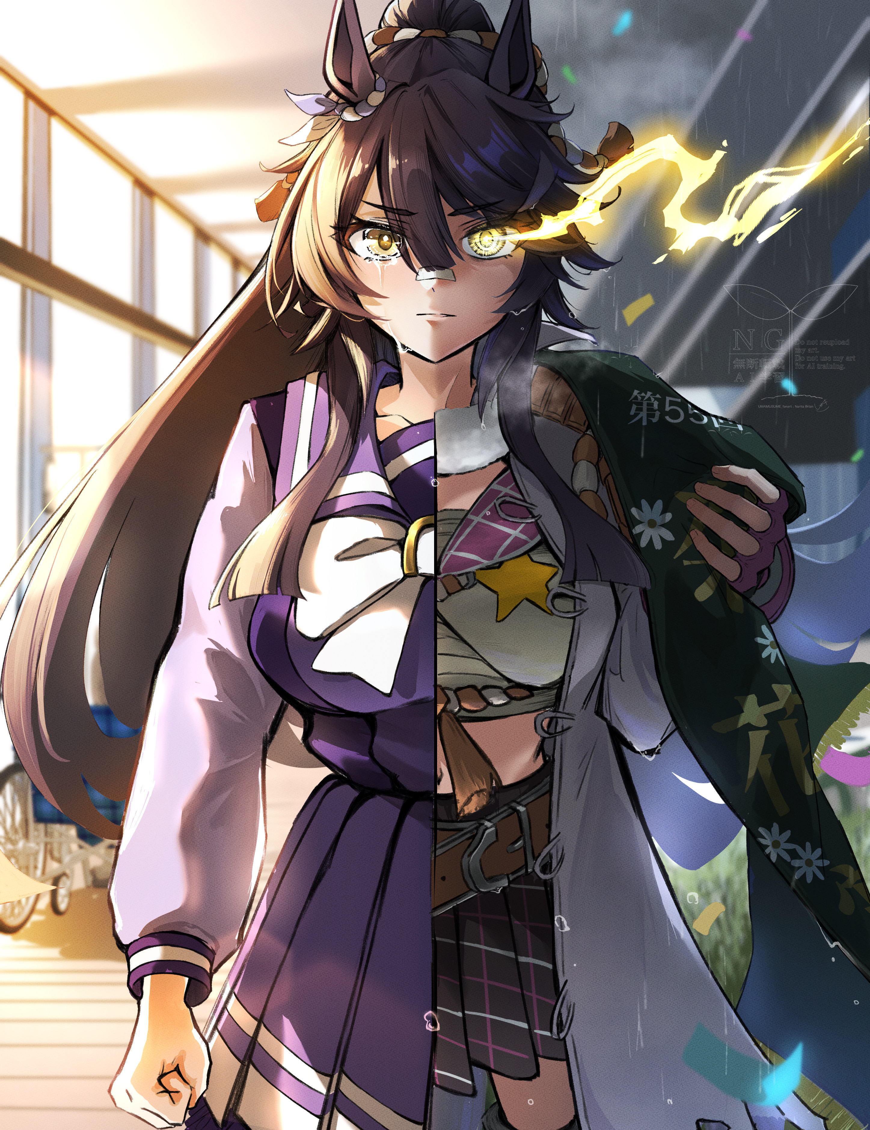 naegi happy, narita brian (maverick) (umamusume), narita brian (umamusume), umamusume, umamusume: star blossom, absurdres, highres, 1girl, animal ears, bandaid, bandaid on face, bandaid on nose, black hair, bow, bowtie, breasts, chest sarashi, closed mouth, coat, confetti, crying, eye trail, fingerless gloves, gloves, glowing, glowing eye, glowing eyes, hair between eyes, horse ears, horse girl, jacket, large breasts, light trail, long hair, long sleeves, looking at viewer, midriff, navel, open clothes, open coat, pink gloves, plaid clothes, plaid skirt, ponytail, purple sailor collar, purple serafuku, purple shirt, purple skirt, rope, sailor collar, sailor shirt, sarashi, school uniform, serafuku, shimenawa, shirt, skirt, solo, tears, torn clothes, torn coat, tracen school uniform, white bow, white bowtie, white coat, yellow eyes