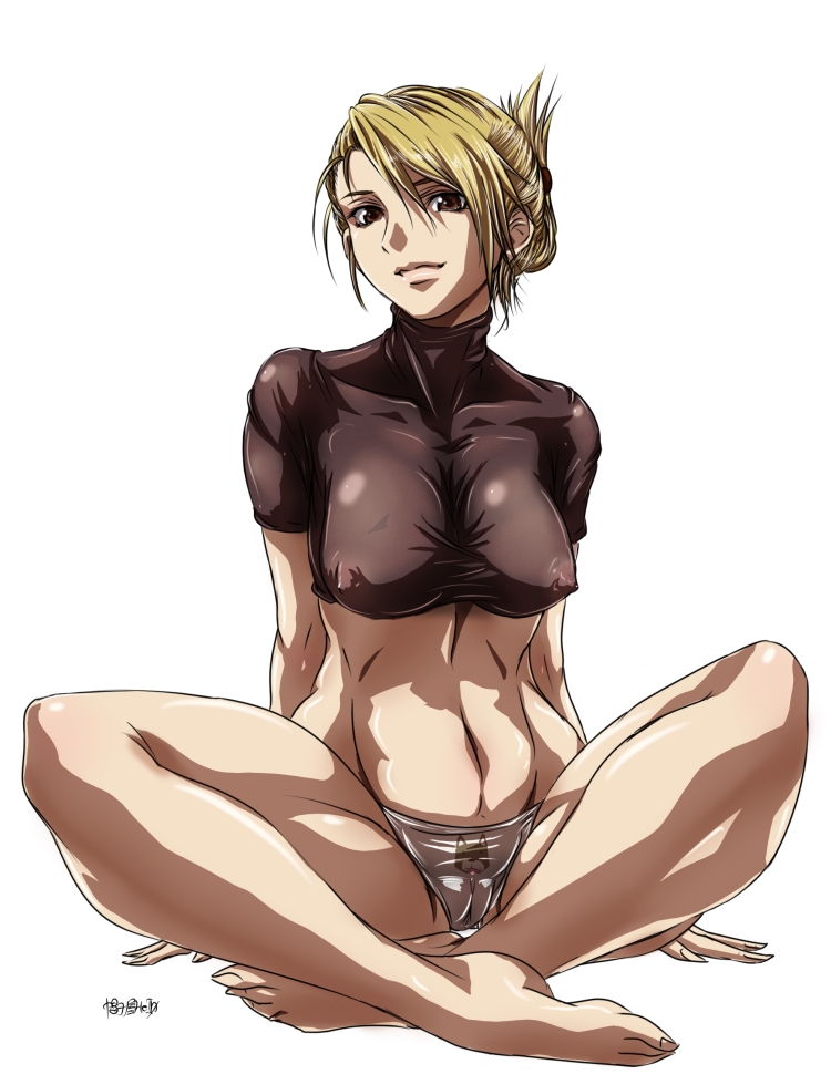 madhatter hello, riza hawkeye, fullmetal alchemist, bad id, bad pixiv id, 00s, 1girl, abs, animal print, barefoot, blonde hair, breasts, brown eyes, cameltoe, cleavage, covered erect nipples, dog panties, dog print, feet, female focus, folded ponytail, impossible clothes, impossible shirt, large breasts, muscular, panties, print panties, pussy, see-through clothes, shirt, sitting, solo, toned, underwear