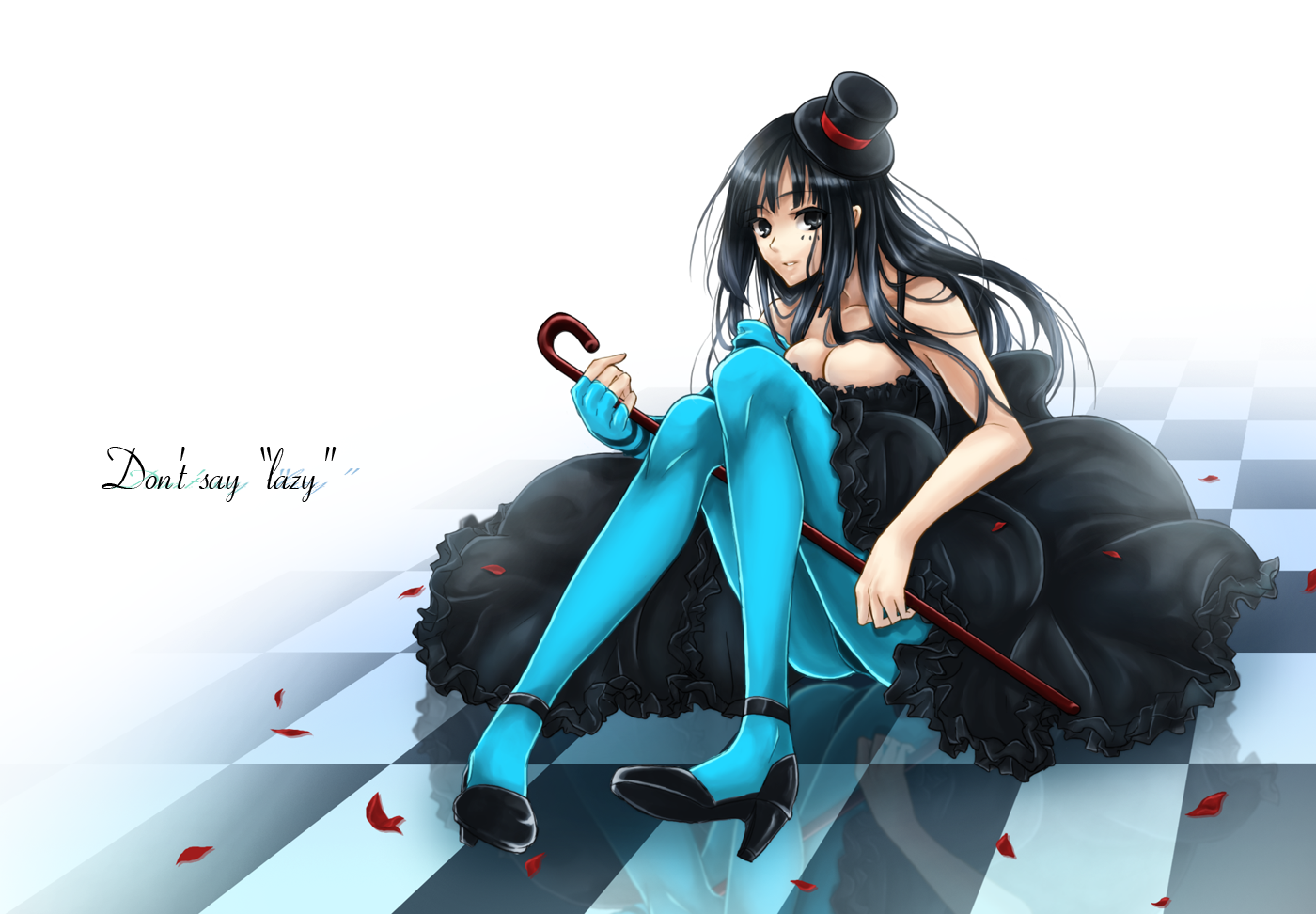 eg, eg (tarirari-ran), akiyama mio, don't say "lazy", k-on!, striped, bad id, bad pixiv id, 00s, 1girl, black hair, blue pantyhose, breasts, cane, cleavage, dress, elbow gloves, female focus, fingerless gloves, gloves, hat, high heels, large breasts, long hair, mini hat, mini top hat, pantyhose, shoes, solo, top hat