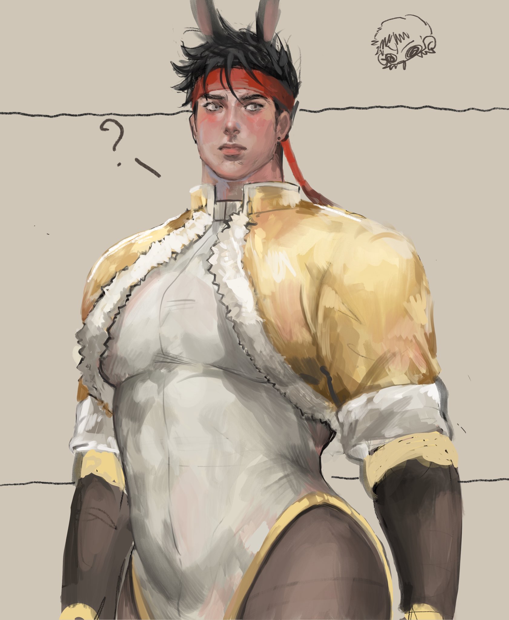 pearlyx z, iron fist (lion's gaze) (marvel), iron fist (marvel), marvel, marvel rivals, hashtag-only commentary, highres, 1boy, ?, black hair, black pantyhose, brown background, cowboy shot, earrings, fur trim, headband, jacket, jewelry, lin lie (marvel), looking to the side, male focus, official alternate costume, pantyhose, red headband, short hair, side slit, solo, stud earrings, yellow jacket