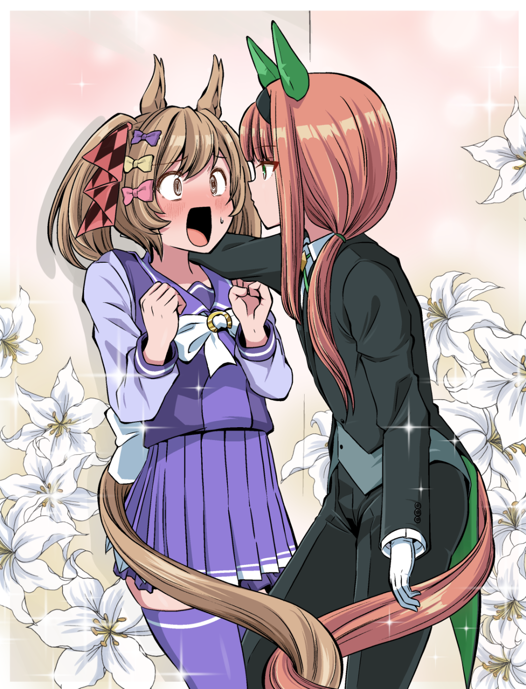 shino (ponjiyuusu), silence suzuka (umamusume), smart falcon (umamusume), umamusume, highres, 2girls, alternate costume, animal ears, black pants, blue thighhighs, blush, bow, brown eyes, brown hair, checkered ribbon, eye contact, flower, formal clothes, gloves, hair bow, hair ribbon, horse ears, horse girl, horse tail, long hair, long sleeves, looking at another, multiple girls, open mouth, orange hair, pants, pink bow, purple bow, red ribbon, ribbon, school uniform, short hair, standing, suit, tail, thighhighs, tracen school uniform, white flower, white gloves, yellow bow, yuri, zettai ryouiki