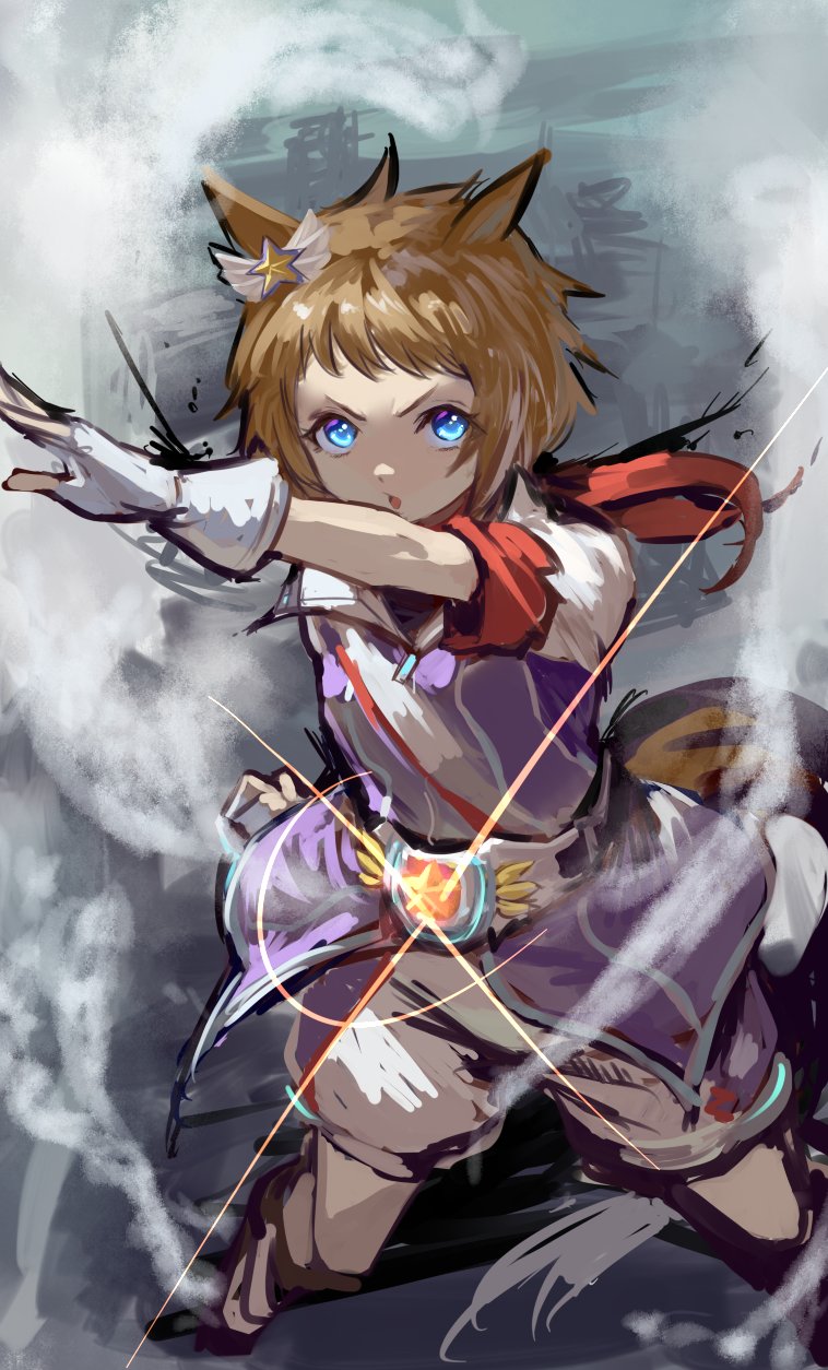 inishie kumo, biko pegasus (gale pegasus type zero) (umamusume), biko pegasus (umamusume), umamusume, highres, 1girl, animal ears, belt, blue eyes, brown hair, ear ornament, fingerless gloves, gloves, horse ears, horse girl, horse tail, jacket, looking at viewer, open mouth, parted lips, purple shirt, shirt, short hair, short sleeves, shorts, solo, tail, white gloves, white shorts, wing ornament