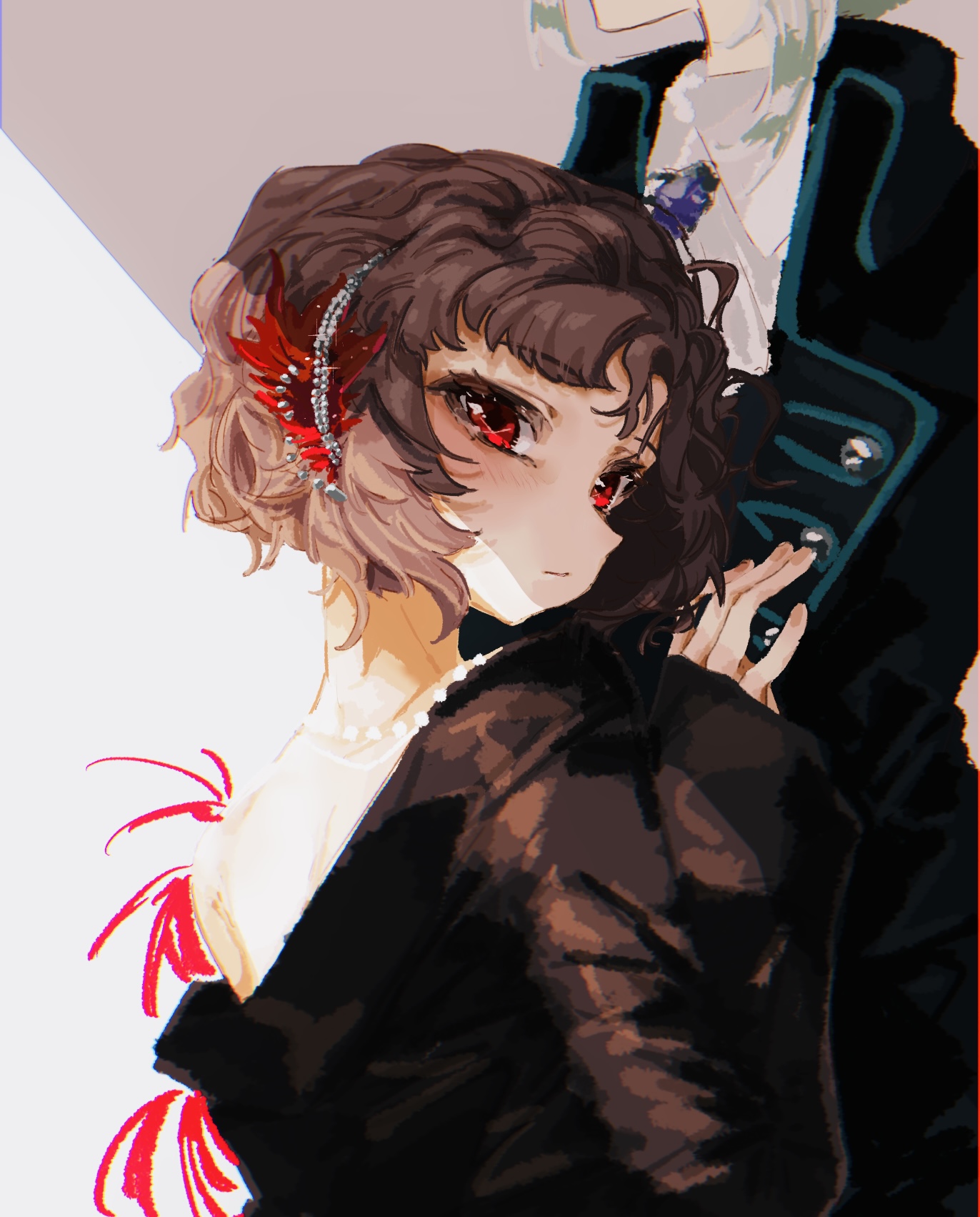 schneider (reverse:1999), vertin (reverse:1999), reverse:1999, highres, 2girls, ascot, black coat, black hat, coat, collared shirt, feather hair ornament, feathers, hair ornament, hand on another's chest, hat, head out of frame, hutsutoka, multiple girls, profile, red eyes, red feathers, shade, shirt, short hair, single bare shoulder, single off shoulder, solo focus, upper body, white ascot, white background, white shirt, yuri