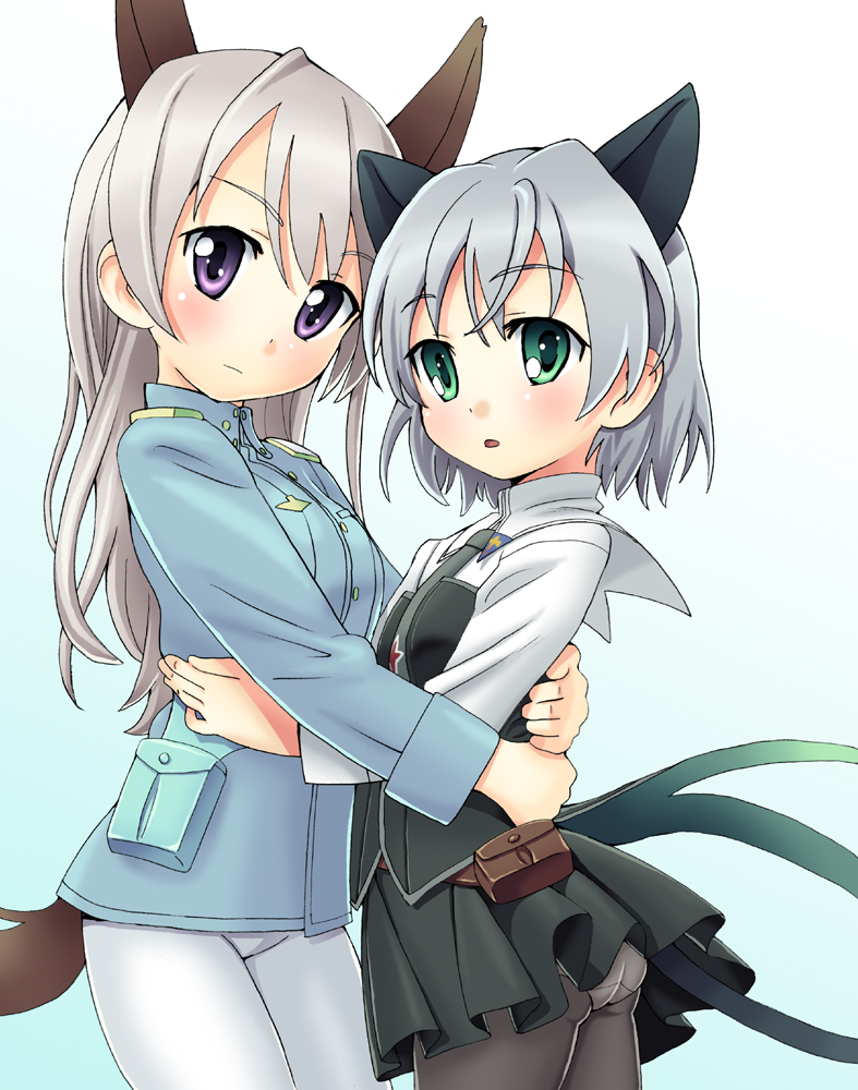 homing (areya), eila ilmatar juutilainen, sanya v. litvyak, strike witches, world witches series, silver hair, uniform, 00s, 2girls, animal ears, ass, black pantyhose, blue eyes, blush, cat ears, cat tail, couple, green eyes, hug, multiple girls, panties, panties under pantyhose, pantyhose, short hair, tail, underwear, white pantyhose, yuri