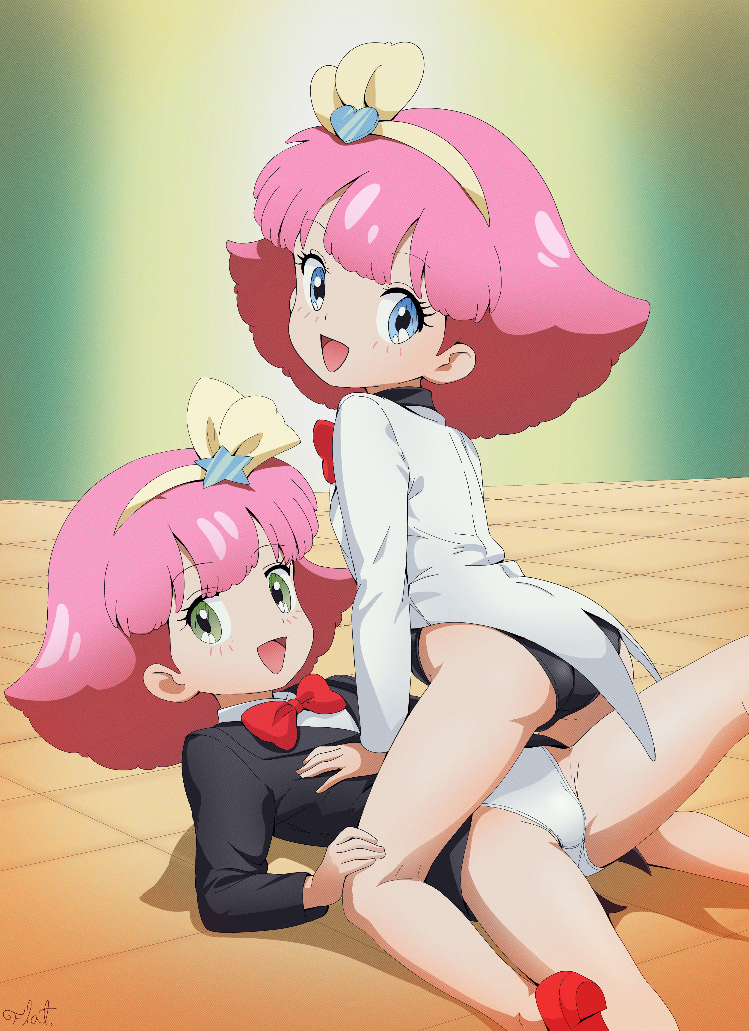 flatculture, minky momo, mahou no princess minky momo, absurdres, highres, 1990s (style), 2girls, blazer, blue eyes, bow, bowtie, flat chest, green eyes, hair ornament, hand on another's chest, jacket, kneeling, leg up, leotard, looking at viewer, looking back, lying, multiple girls, on back, on floor, open mouth, pink hair, retro artstyle, siblings, smile, twins