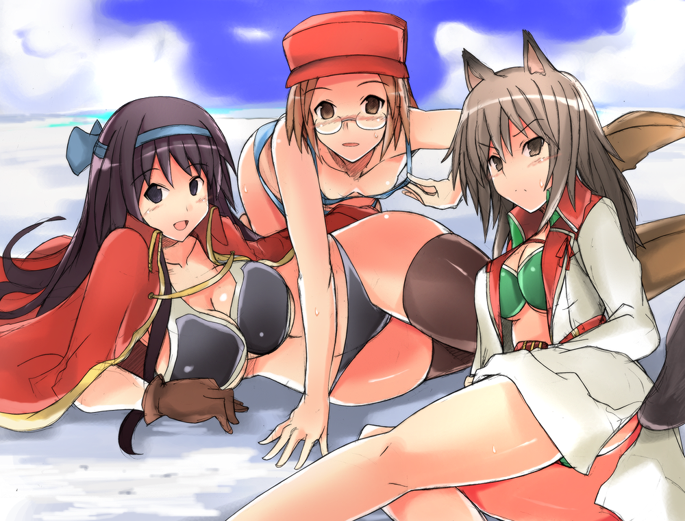 usugiri bacon, watanabe (pixiv fantasia), pixiv fantasia, pixiv fantasia 3, bad id, bad pixiv id, 3girls, all fours, animal ears, ass, beach, bikini, black eyes, black hair, blush, breasts, brown eyes, brown hair, day, glasses, hairband, hat, huge breasts, long hair, lying, multiple girls, short hair, swimsuit, tail, thighhighs