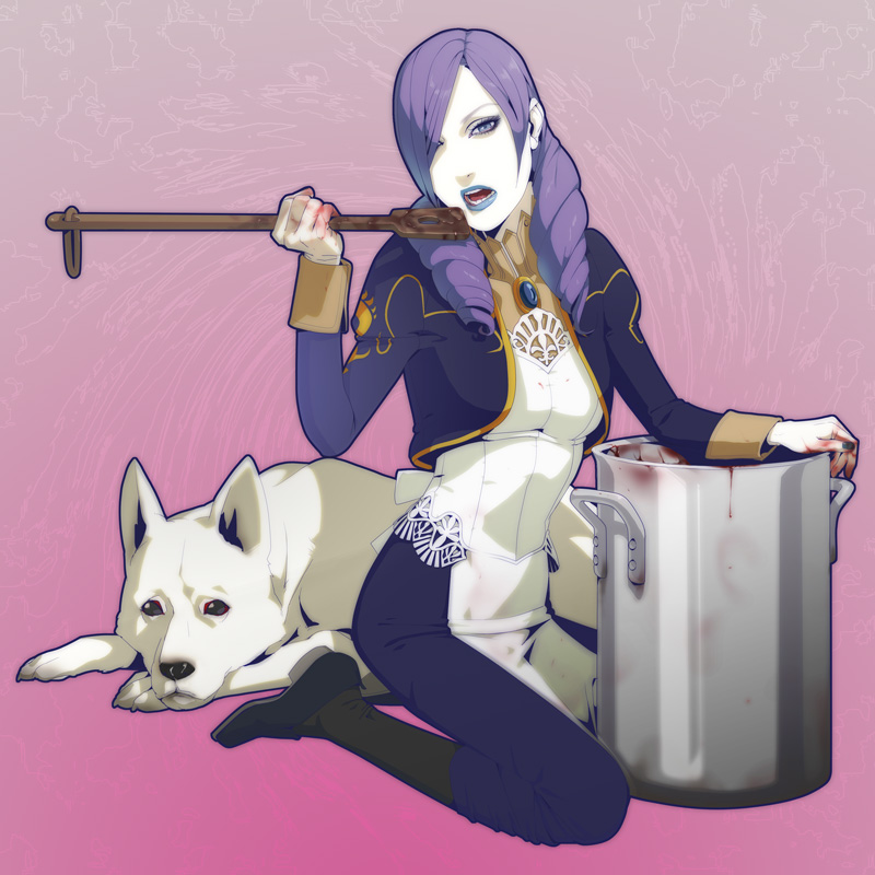 fugi jis, daniella, hewie, capcom, demento, homunculus, 1girl, apron, blood, blue eyes, blue lips, brooch, cooking pot, dog, drill hair, female focus, hair over one eye, jewelry, kneeling, ladle, lipstick, maid, maid apron, makeup, open mouth, pale skin, pantyhose, purple eyes, purple hair, solo