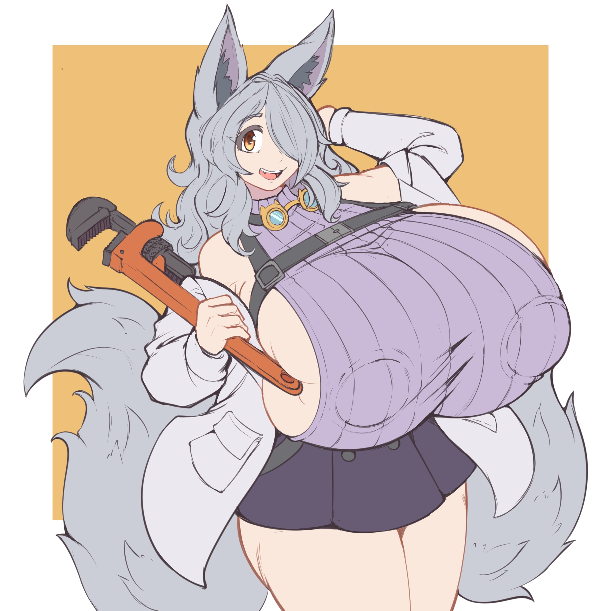 kittenboogers, original, commission, highres, 1girl, animal ears, arm behind head, armpit crease, breasts, brown eyes, covered erect nipples, from side, gigantic breasts, goggles, goggles around neck, hair over one eye, holding, holding wreath, huge nipples, jacket, long hair, looking at viewer, open mouth, purple skirt, purple sweater, skirt, smile, solo, sweater, tail, teeth, upper teeth only, white jacket, wolf ears, wolf girl, wolf tail