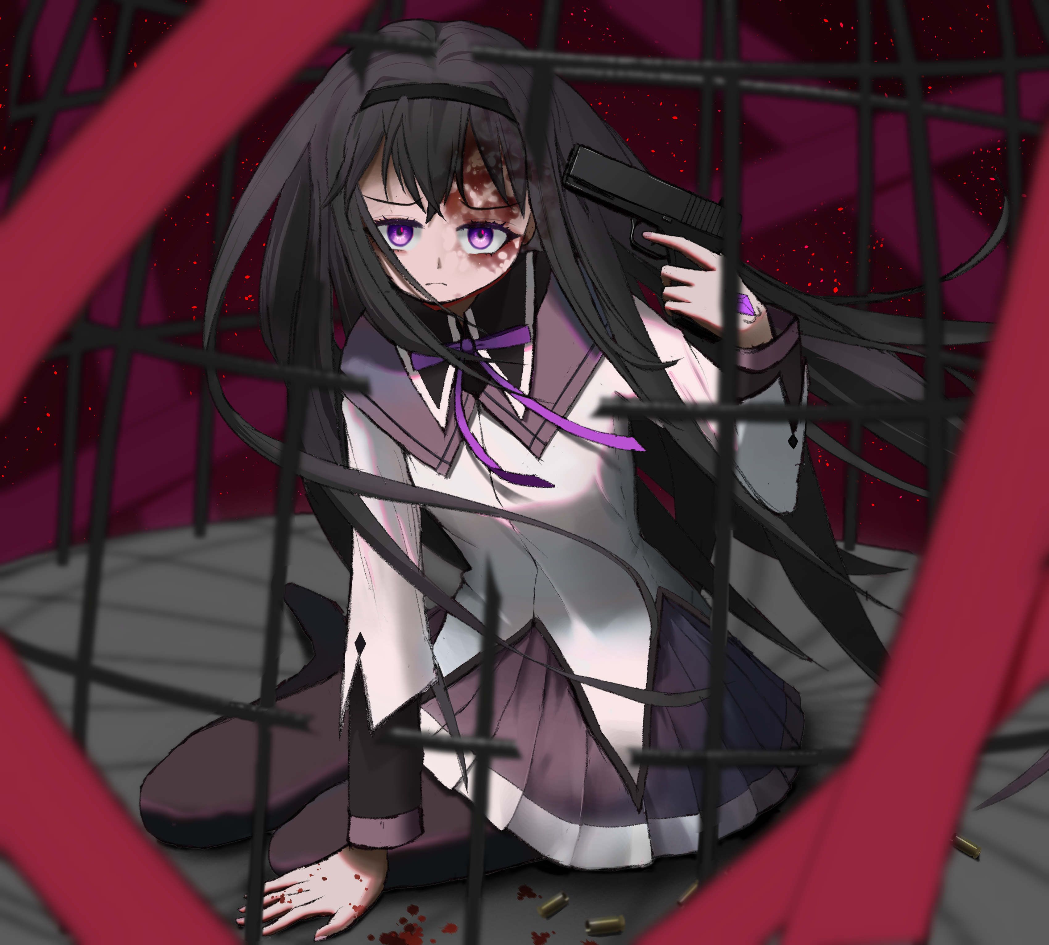 loadhe, akemi homura, mahou shoujo madoka magica, mahou shoujo madoka magica (anime), absurdres, highres, self-upload, 1girl, pantyhose, sitting, skirt