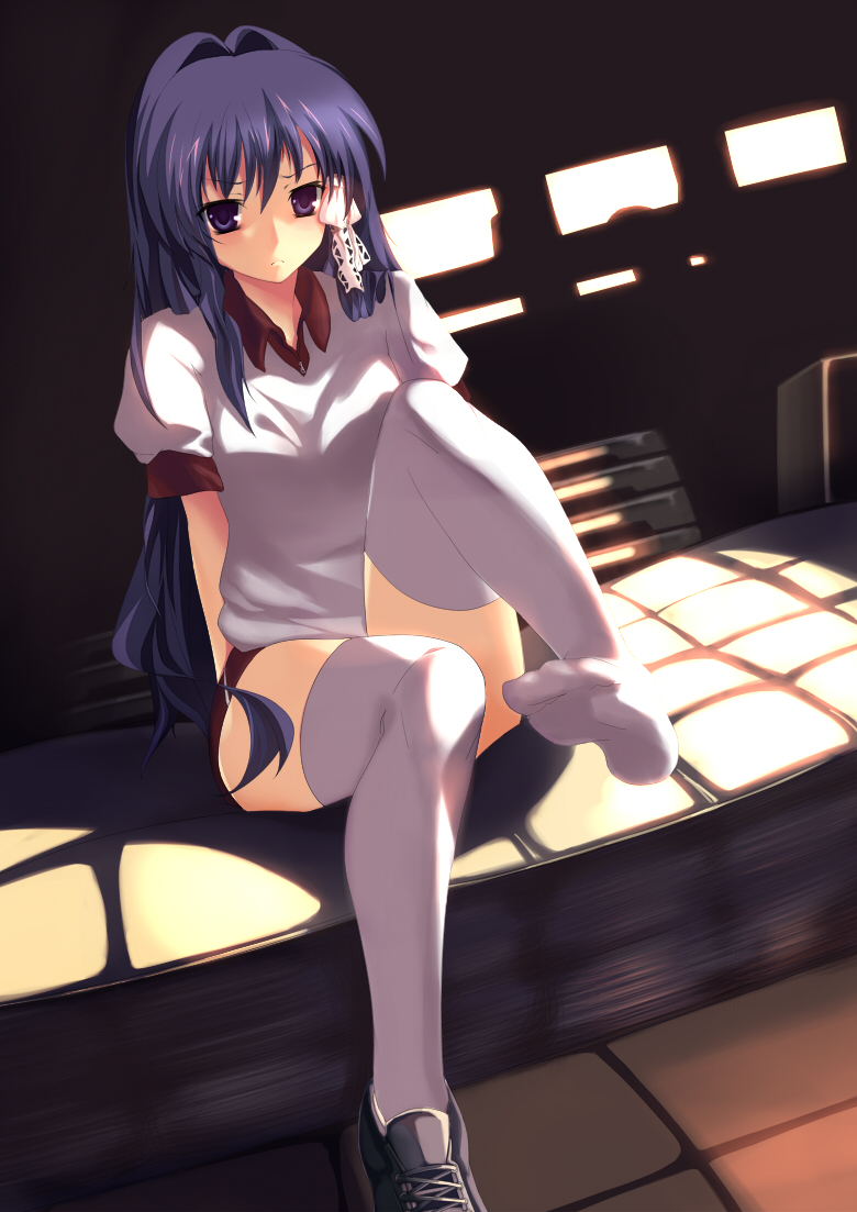 cofepig, fujibayashi kyou, clannad, bad id, bad pixiv id, 00s, 1girl, arms behind back, buruma, dark, dutch angle, feet, female focus, frown, gym storeroom, gym uniform, hair intakes, hair ribbon, high collar, indoors, lace, left shoe removed, leg up, long hair, looking at viewer, mat, purple eyes, purple hair, ribbon, shirt, shoes, short sleeves, single shoe, sitting, sneakers, solo, sunlight, thighhighs, tile floor, tiles, tress ribbon, vaulting horse, very long hair, white thighhighs, window, zipper