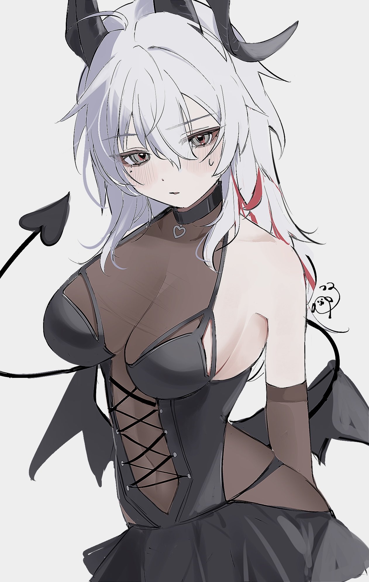 suyosuyo, zani (wuthering waves), wuthering waves, commentary request, highres, 1girl, alternate costume, bare shoulders, black choker, black horns, black tail, breasts, choker, closed mouth, covered navel, cowboy shot, curled horns, demon tail, grey eyes, hair between eyes, halloween costume, horns, large breasts, light blush, long hair, multicolored hair, see-through cleavage, see-through clothes, simple background, solo, streaked hair, tail, white background