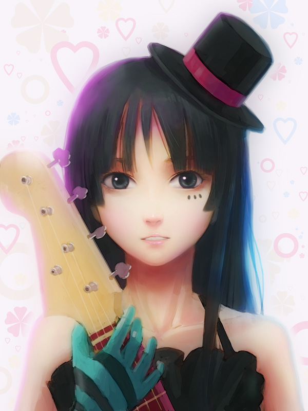 zhenlin, akiyama mio, don't say "lazy", k-on!, striped, 00s, 1girl, bass guitar, black eyes, black hair, blue eyes, blunt bangs, facepaint, female focus, gloves, guitar, hat, hime cut, instrument, long hair, mini hat, mini top hat, solo, top hat