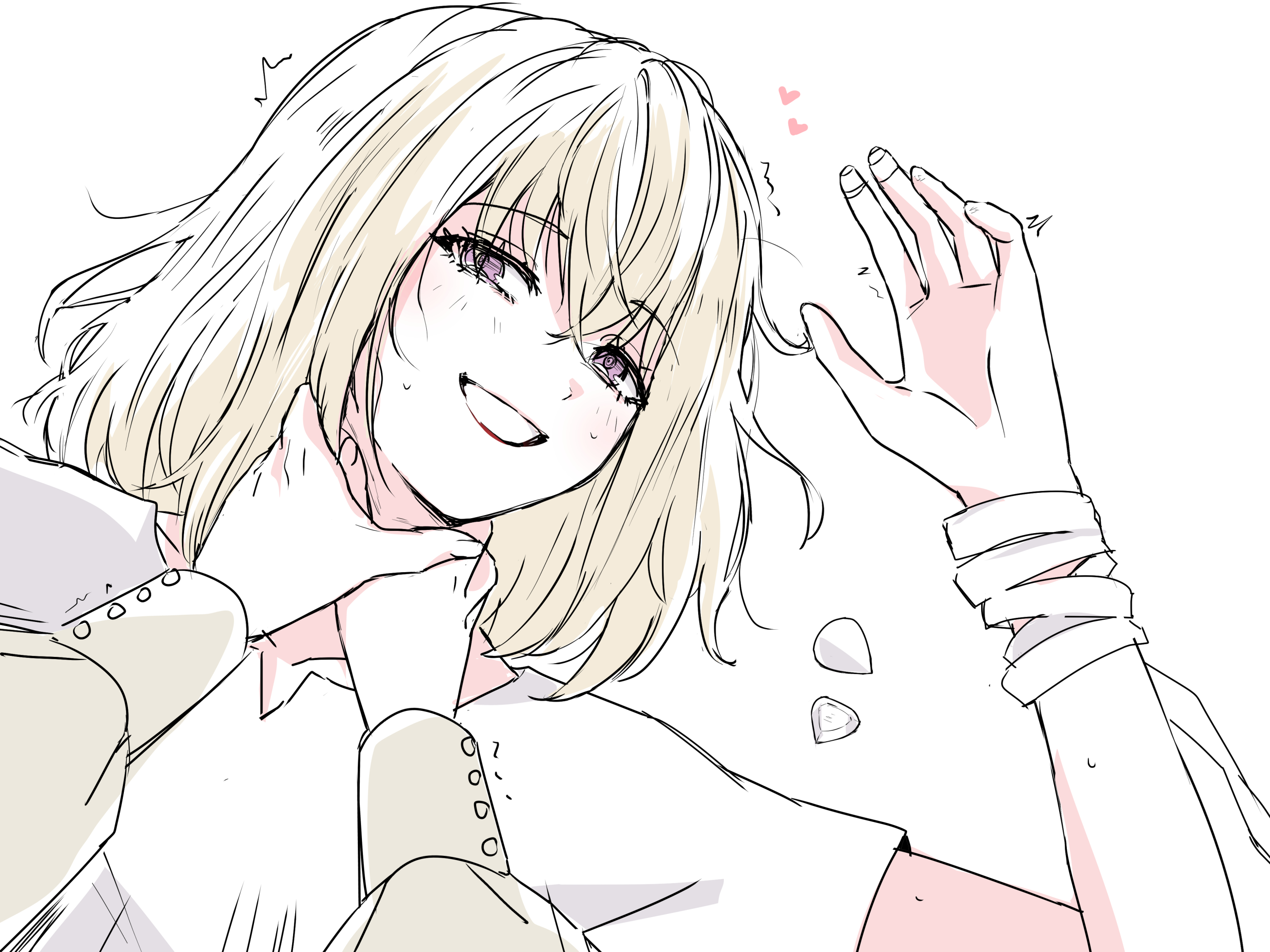 misumi uika, togawa sakiko, bang dream!, bang dream! it's mygo!!!!!, commentary, hashtag-only commentary, highres, 2girls, blonde hair, blush, female pov, heart, looking at viewer, medium hair, miomujica, multiple girls, open mouth, pov, purple eyes, shirt, short hair, simple background, strangling, sweatdrop, white background, white shirt, yuri